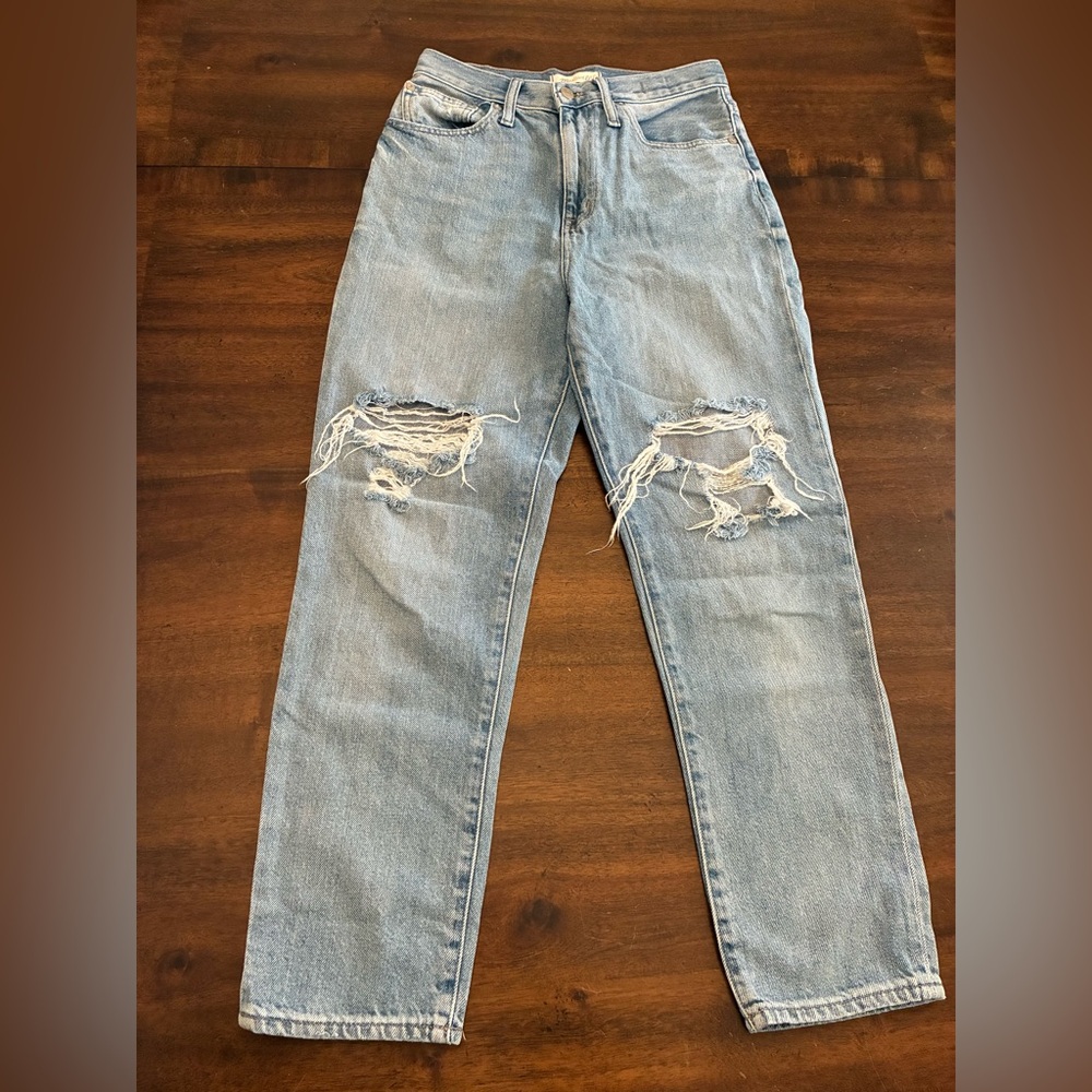 Madewell The Mom Jean 26 Jeans Distressed Straight Leg Ripped Light Wash